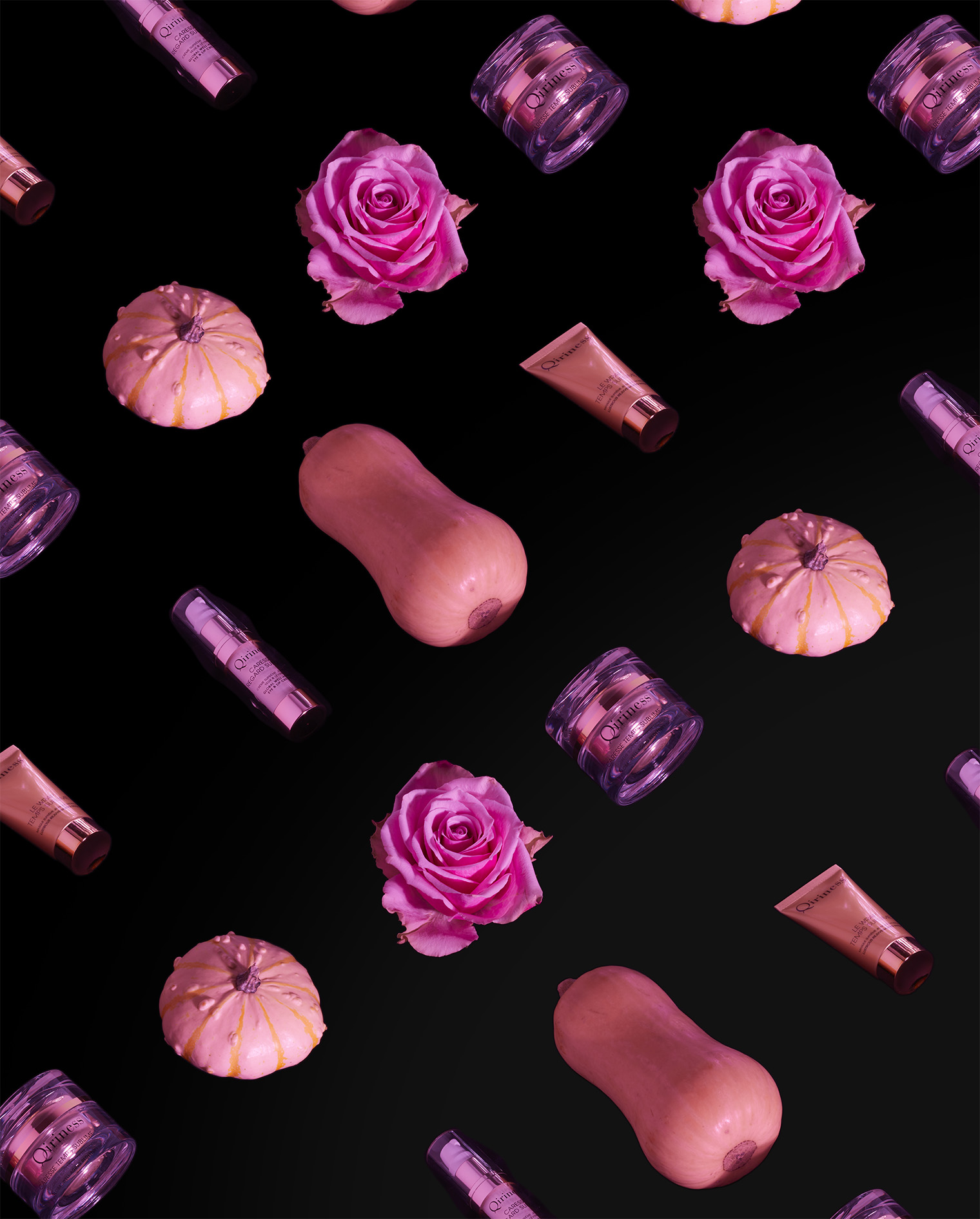 photographie halloween qiriness cosmétique isométrique rose citrouilles courges